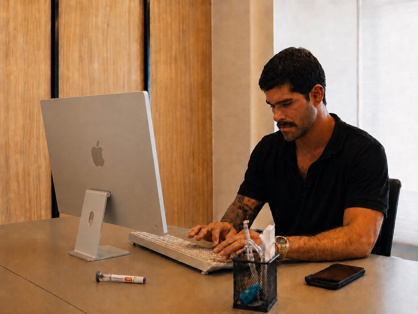Nutricionista à mesa de trabalho elaborando plano alimentar no computador, com a caneta de tirzepatida sobre a mesa